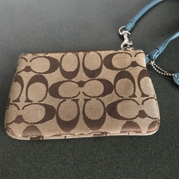 Coach Teal/Khaki Canvas Leather Wristlet Mini Pouch - Picture 6 of 16